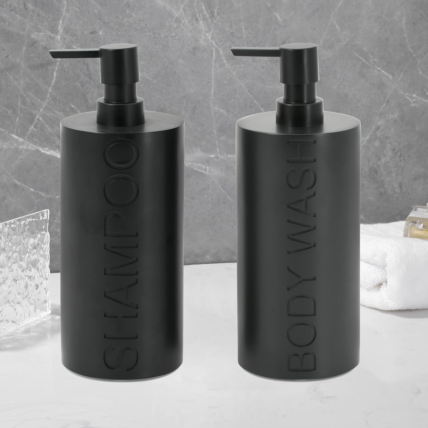 2-Pack Matte Black Resin Refillable Shampoo & Body Wash Bottles – Modern Bathroom Pump Dispenser Set, Durable Resin Shower Containers with Embossed Labels, Reusable Pump Bottle - Image 5