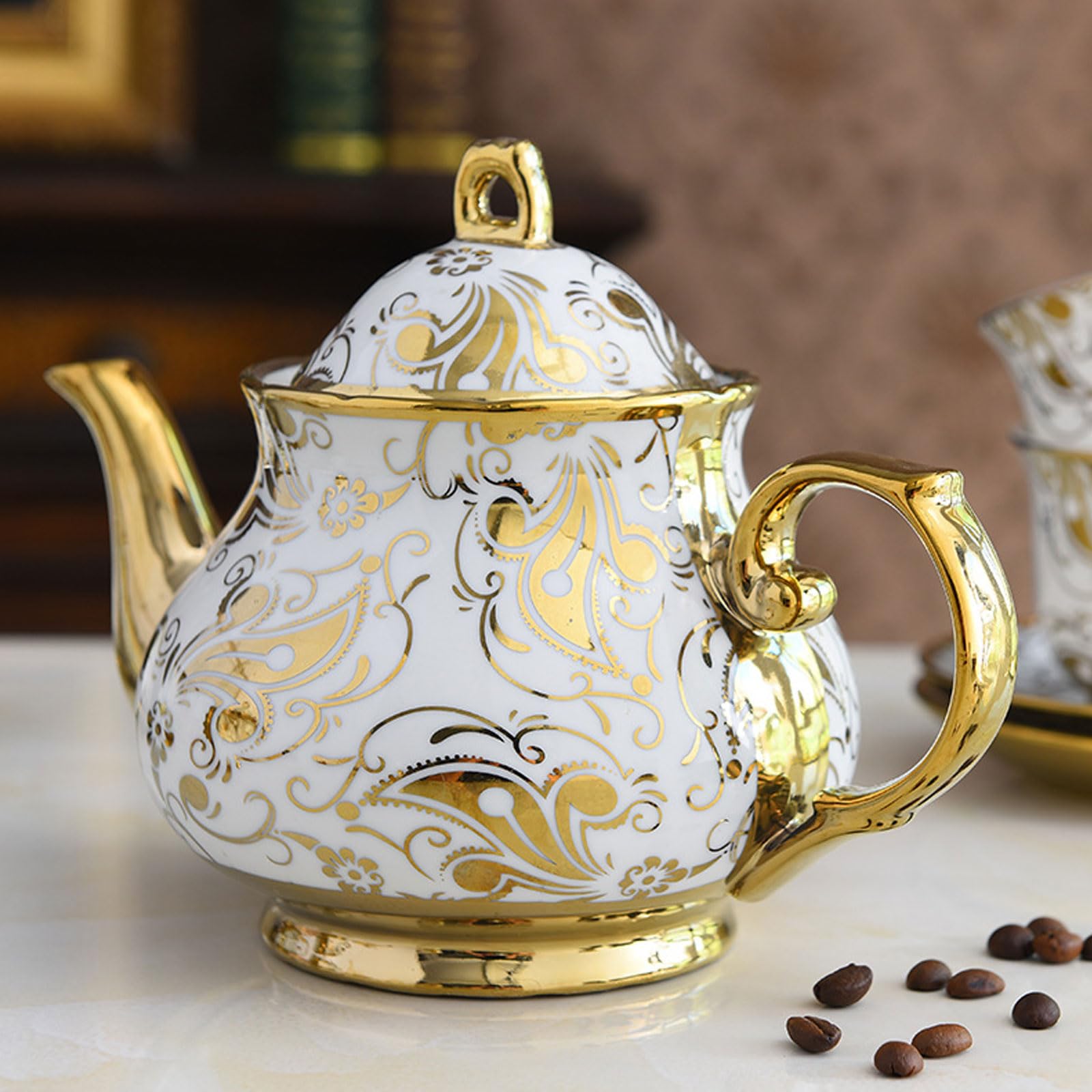 Ceramiczny zestaw filiżanek do kawy, 16-częściowy kreatywny design ze złotą naklejką, zawiera czajniczek, spodki, cukiernicę na popołudniową herbatę i kawę