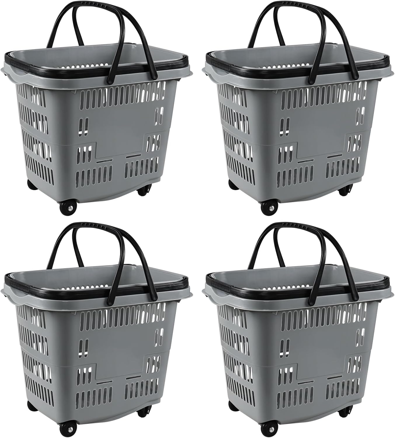 50 Liter Plastic Shopping Basket with Wheels, 4 Pack Large Rolling Baskets for Groceries, Gray
