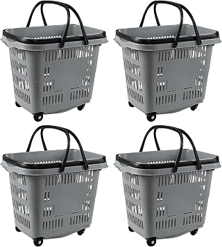 50 Liter Plastic Shopping Basket with Wheels, 4 Pack Large Rolling Baskets for Groceries, Gray