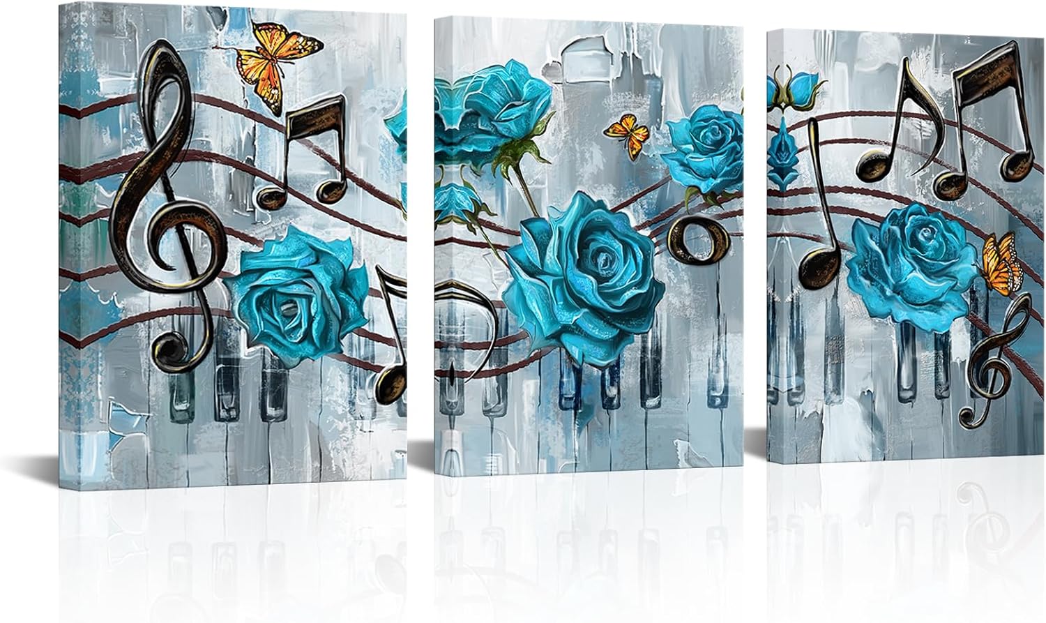 Biuteawal 3 Pieces Music Art Print Canvas Musical Notes Wall Decor with Blue Rose Flowers Poster Picture Romantic Painting Artwork for Classroom Music Room Decor Framed
