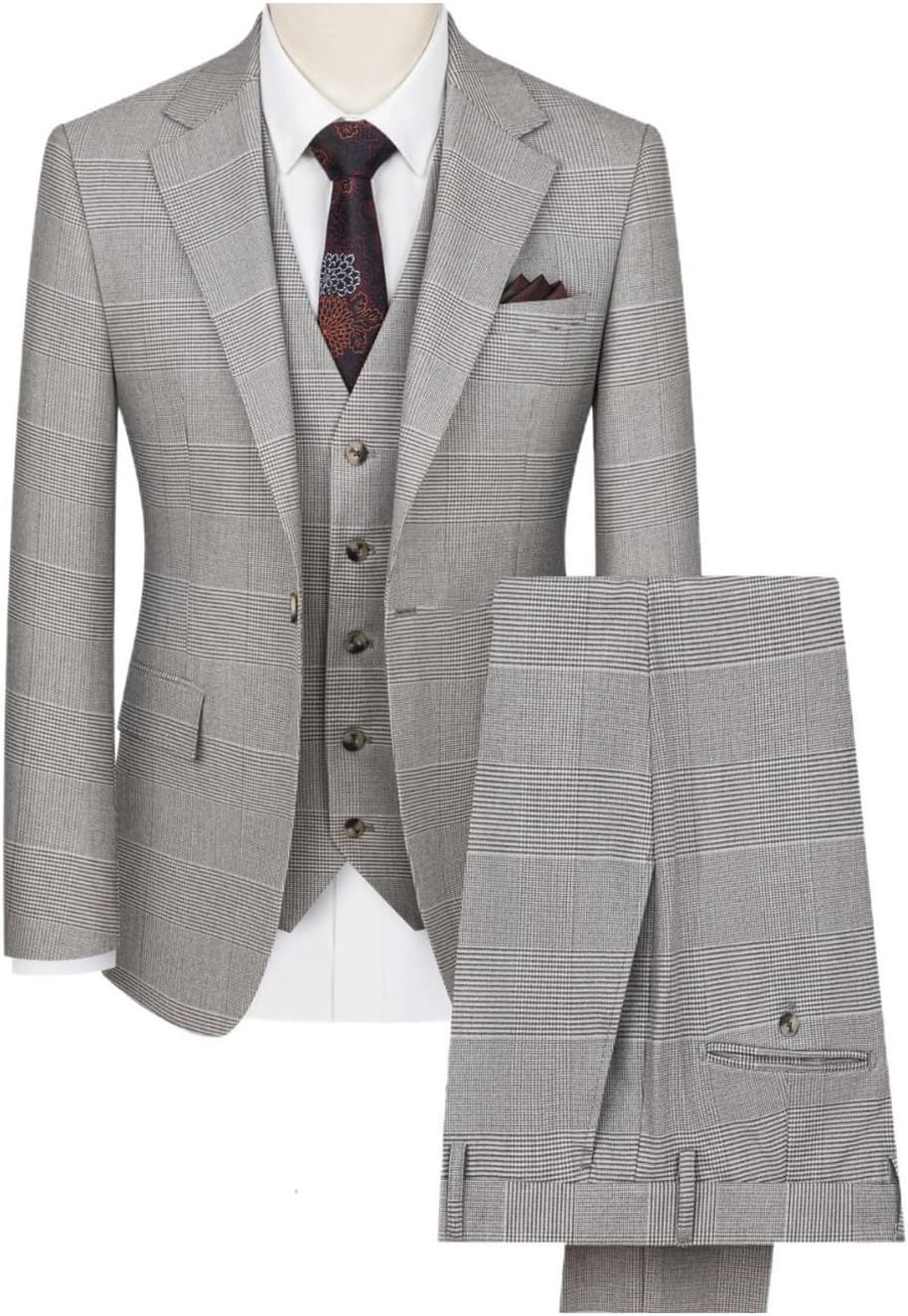 Mens 2 Piece Classic 1 Button Houndstooth Plaid Checked Tuxedo Suit Business Casual Blazer Jacket Pants Set for Prom