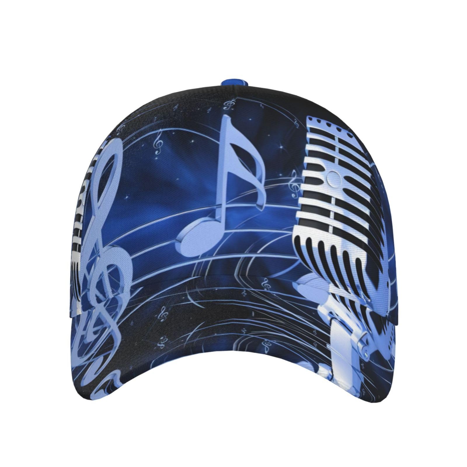 Qazwzml Unisex Black Microphone With Music Notes Printed Athletic Baseball Cap Curved Brim Baseball Cap Adjustable Design