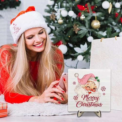 Miniatura 4 de Letrero de placa de madera con texto en inglés "Merry Christmas", letrero de madera para decoración de escritorio de oficina en casa, 5.9 x 5.9