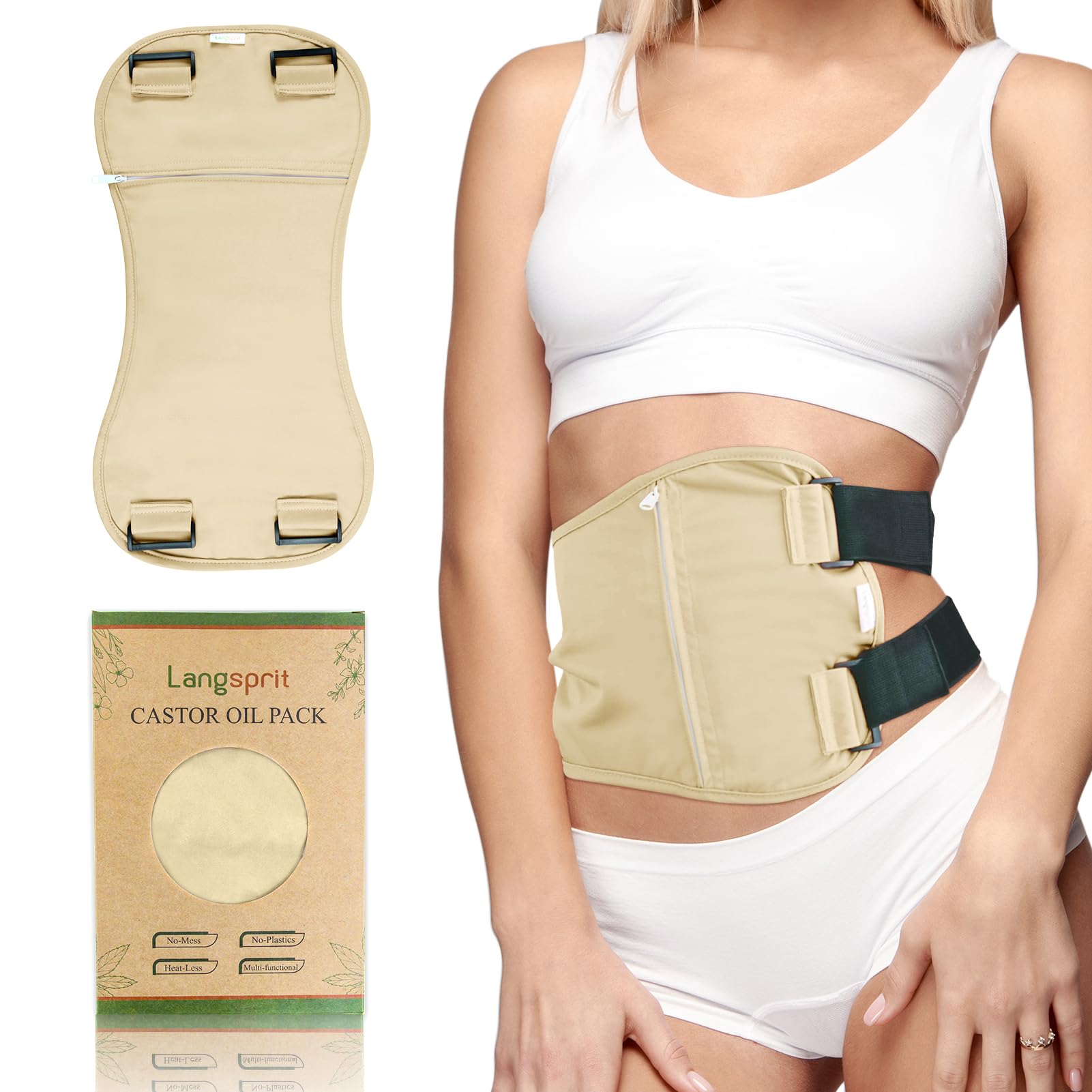 Langsprit Organic Cotton Castor Oil Pack Wrap - Reusable Castor Oil Pads Pack Compress for Liver & Stomach Detox - Beige