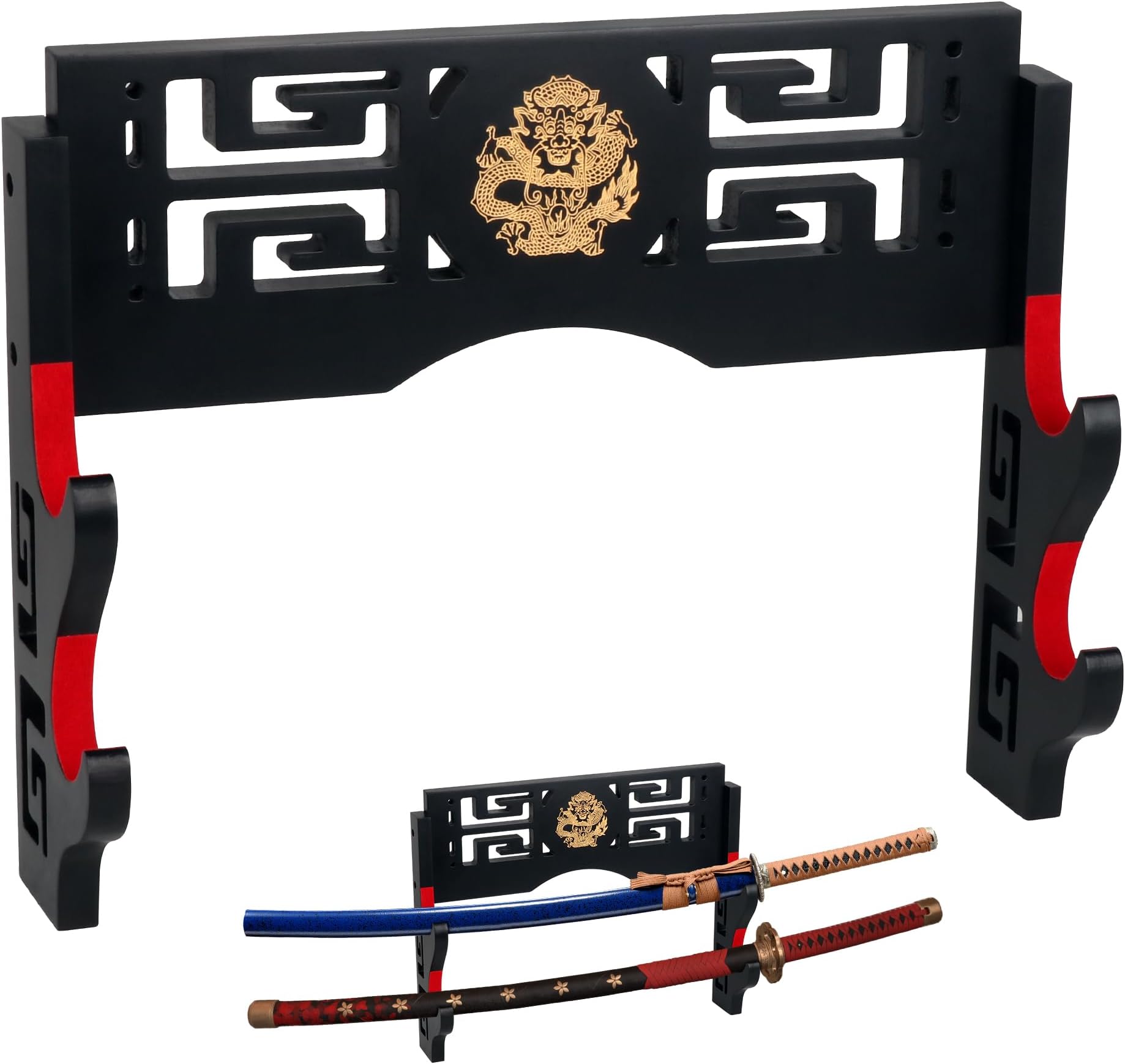 Alyoen Sword Display Katana Wall Mount, 2-Tier Samurai Sword Katana Holder Stand with Velvet Padded Hook & Dragon Pattern, Sword Rack for Wakizashi Samurai Lightsaber