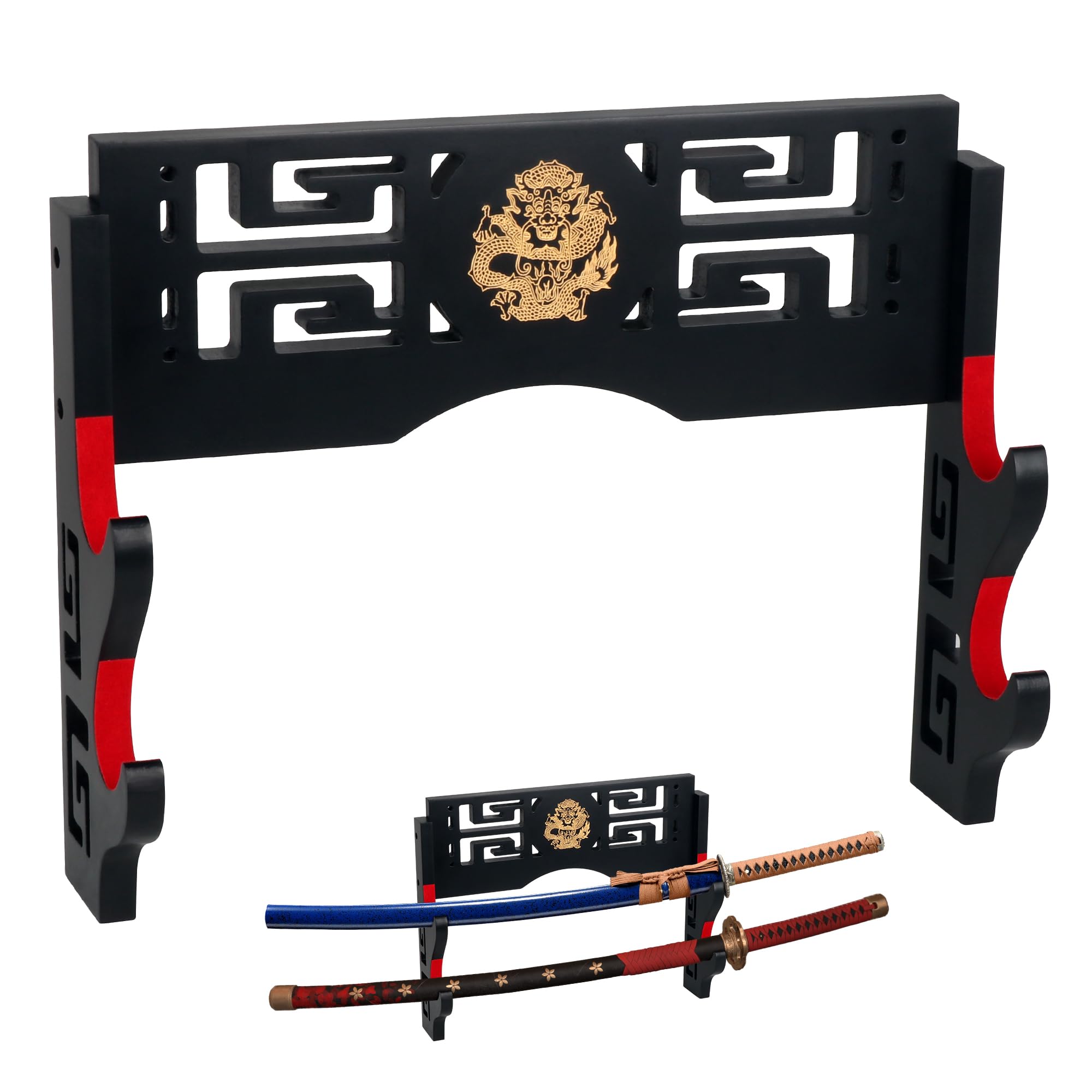 Alyoen Sword Display Katana Wall Mount, 2-Tier Samurai Sword Katana Holder Stand with Velvet Padded Hook & Dragon Pattern, Sword Rack for Wakizashi Samurai Lightsaber