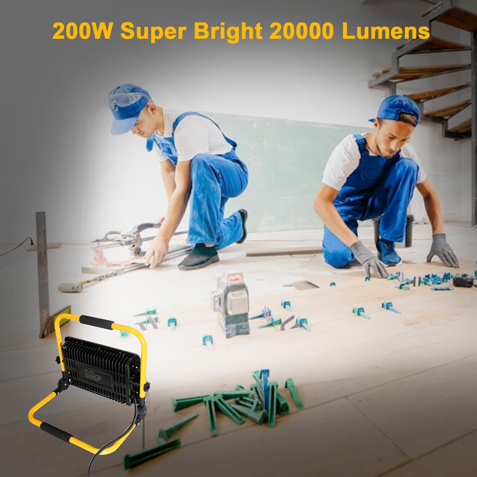 Faretto LED da Cantiere 200W, 20000lm Faro LED da Cantiere Portatile Luce Bianca 6500K IP66 Impermeabile Cavo 4M, Rotazione 360°con Staffa Pieghevole, Faretto Lavoro per Edilizia,Officina