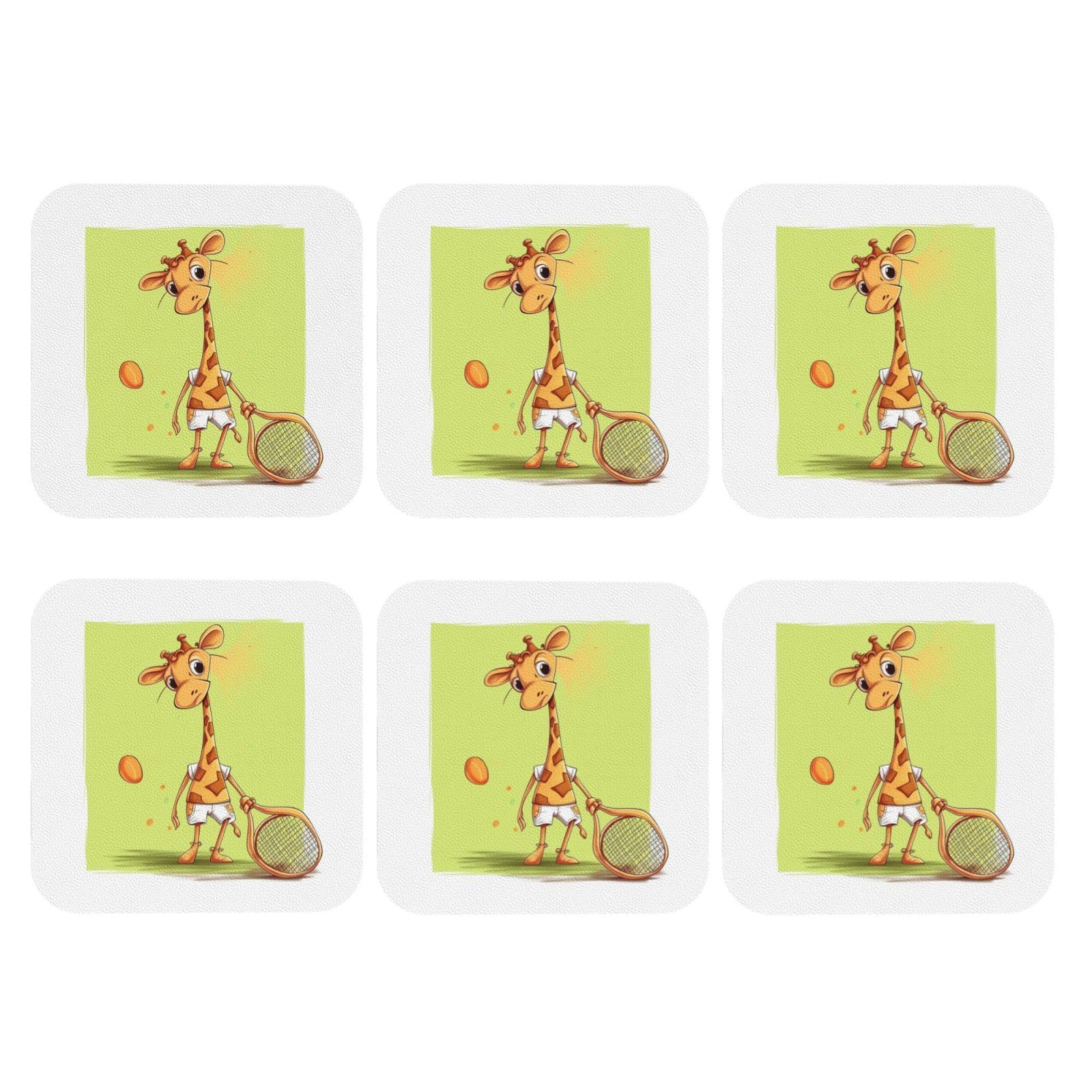 6pcs Leather Coasters for Drinks, Giraffe Playing Tennis Drink Coasters for Tabletop Protection, 4" Cup Coasters for Coffee Table Decor, Non-Slip Drinking Cup Mat for Hot Or Cold Drink