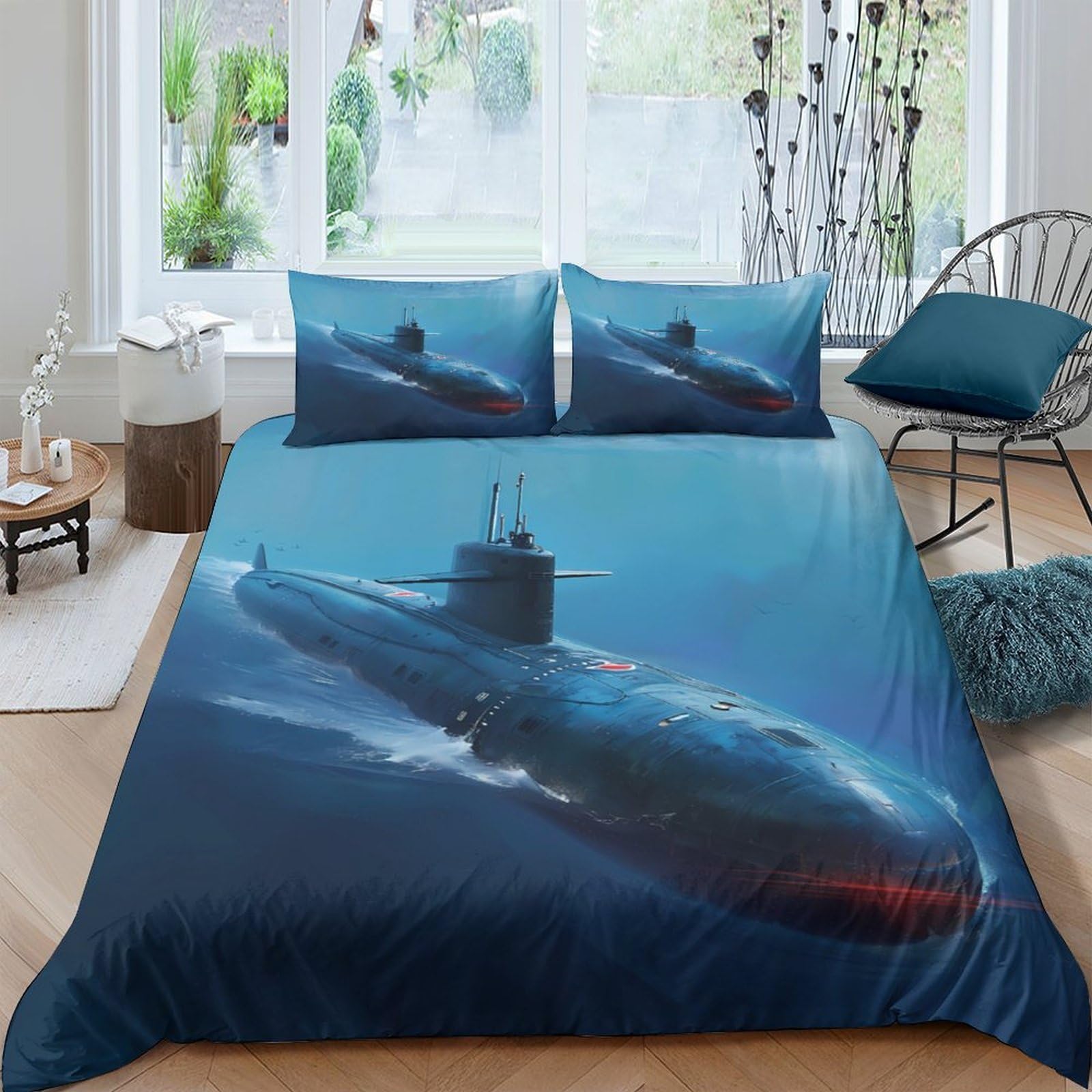 Ctjqhvkz Style-5 3D Printed Submarine Ocean Blue Fitted Sheet Microfiber Soft Bed Cover For Bedroom Guestroom Dorm Modern Decor Single（135X200cm）