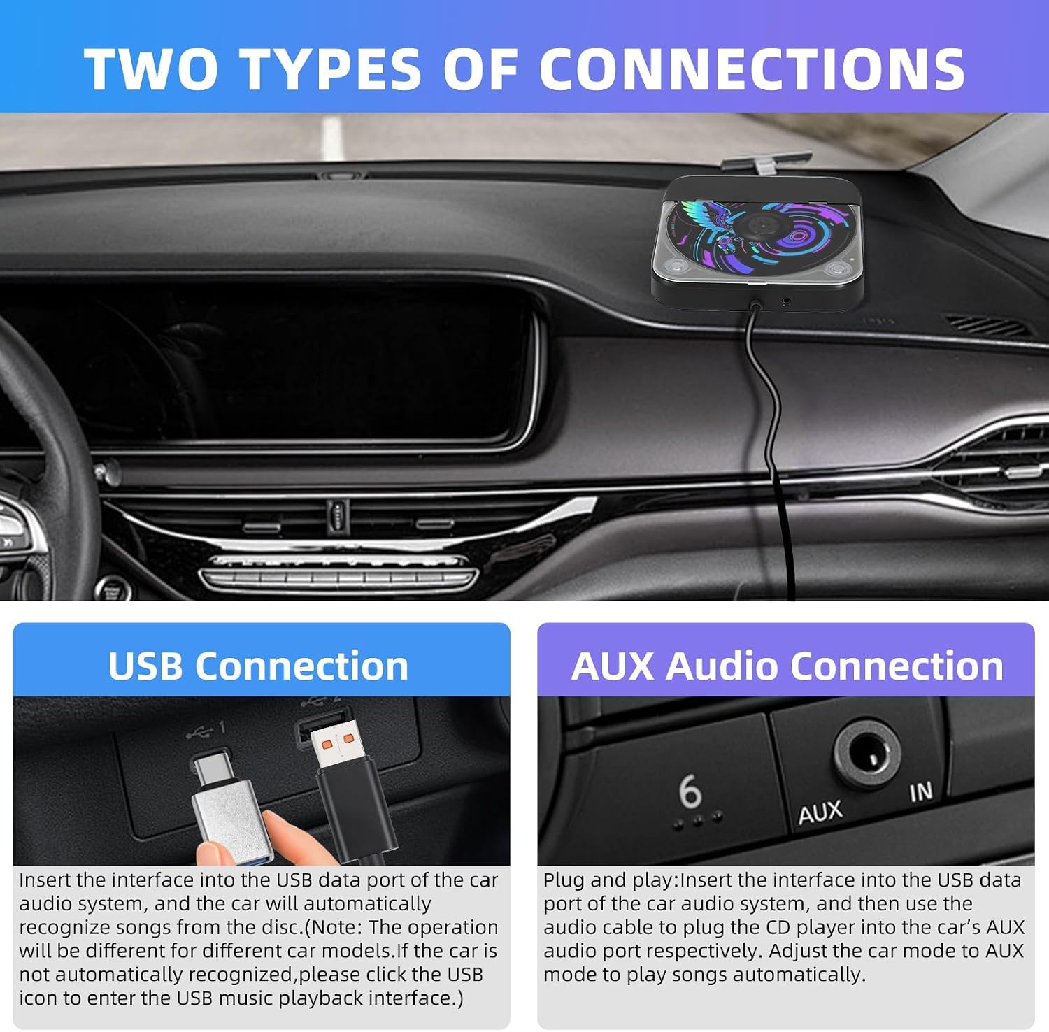 Reproductor de CD portátil para coche, reproductor de CD externo para coche con puertos USB/AUX, antisalto, reproductor de música universal para vehículo, portátil, TV, computadora, Plug