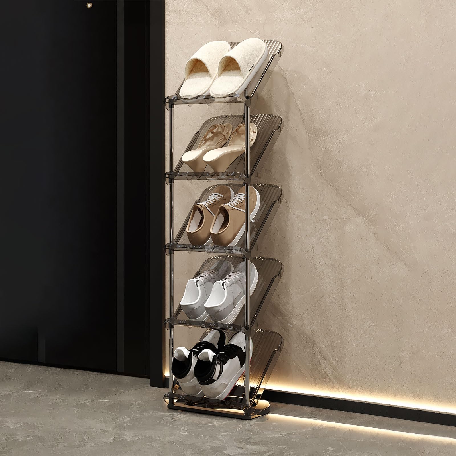 kiss me Sloping Narrow Shoe Rack,5/6/7/8 Tiers Transparent shoe rack small Slim Tall Shoe Storage Rack Vertical Shoe Shelf Stand Holder Organiser Indoor for Hallway, Entryway, Corner (Gray, 5 layers) — image 1