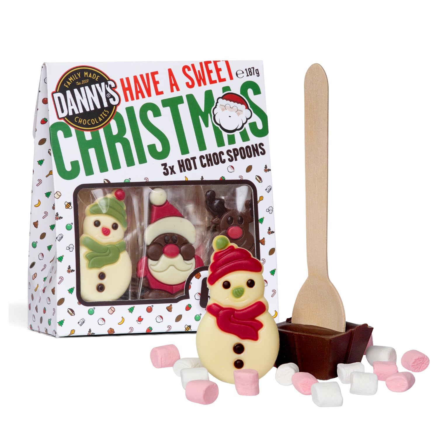 Christmas Chocolate Friends | Hot Chocolate Spoons with Marshmallows + Santa, Snowman & Rudlof Characters | 3 x 62g Mighty Milk Hot Choc Stirrer | Xmas Eve Box Fillers | Secret Santa