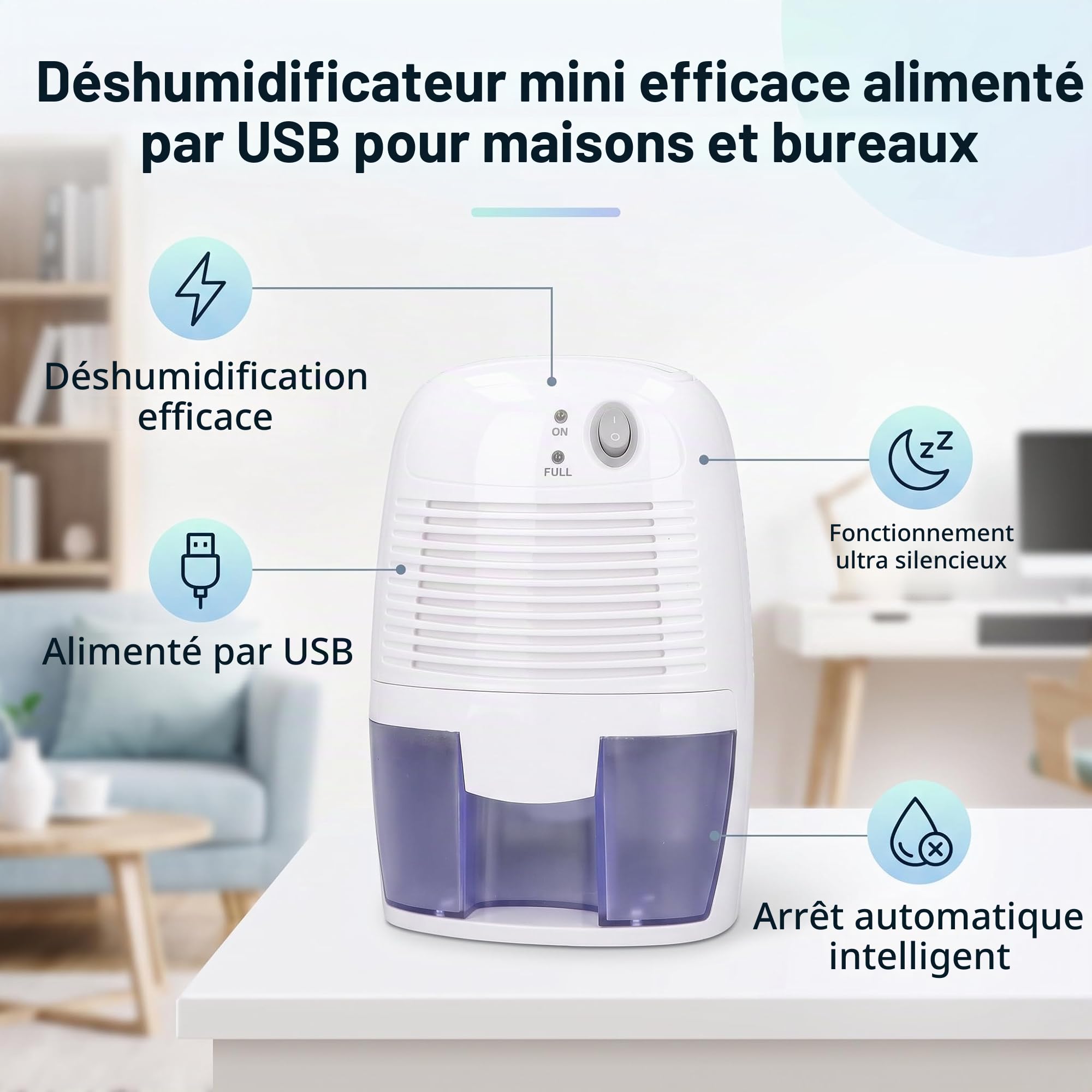 Déshumidificateur Mini USB, Contrôle Intelligent Arrêt Automatique, Silencieux pour Chambre Bureau, Réservoir 500 ml, Idéal Maison Camping Car Salle de Bain Armoire
