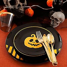 KIRE 25 Guest Halloween Plates Black Gold Plastic Plates Smiley Pumpkin include 50PCS Black &150PCS Gold Plastic Silverware&25PCS Clear Black Cups for Halloween Party
