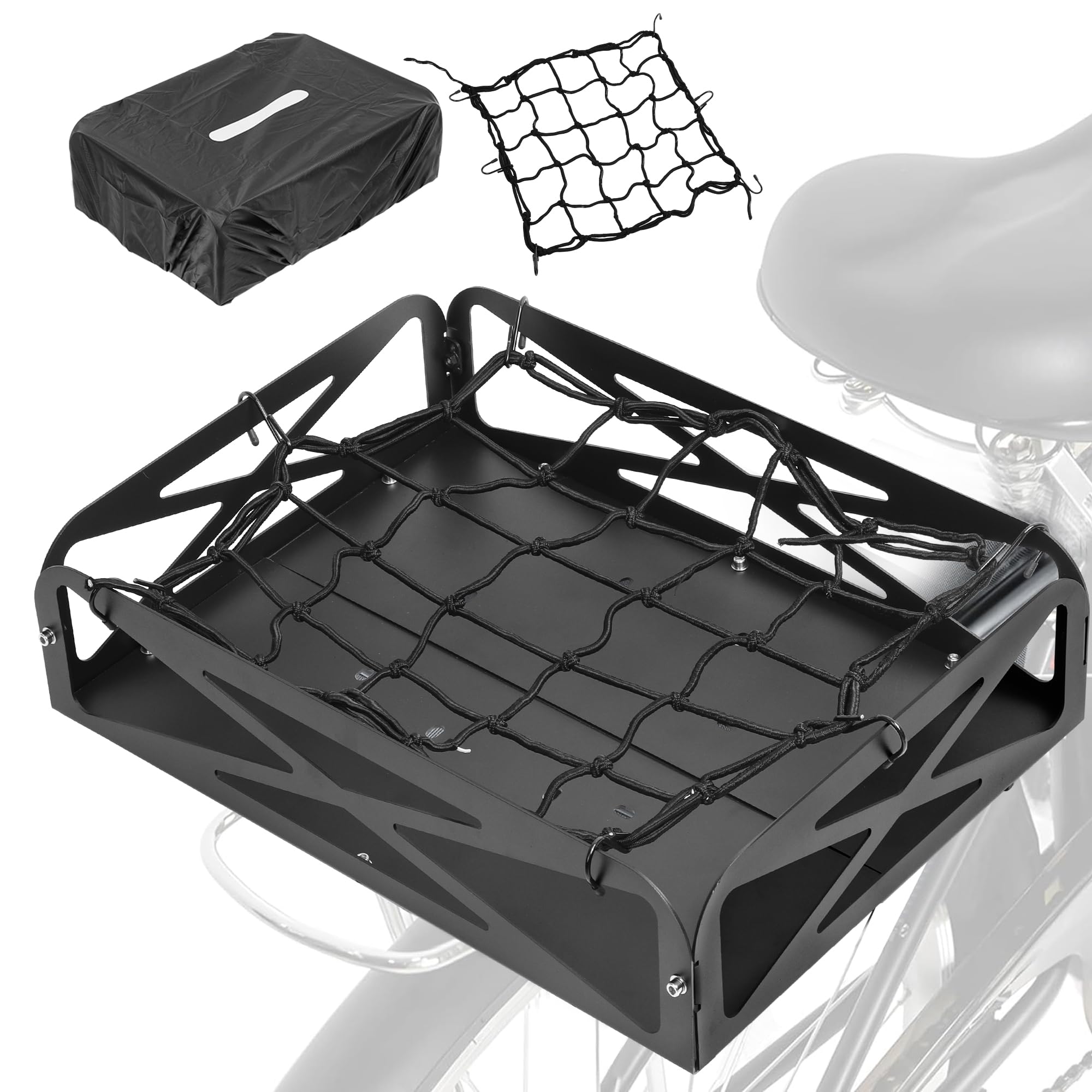 OBETOR Upgraded Electric Bike Rear Rack Basket with Cargo Net and Waterproof Cover Heavy Duty Metal Universal Large Capacity Bicycle Basket with Base Plate Board for Ebike - 2 Year Warranty