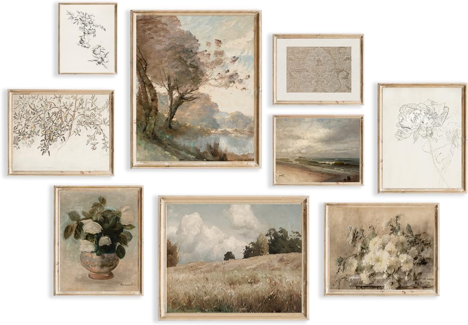 Vintage Wall Art Aesthetic Farmhouse Flower Boho Canvas Prints Rustic Wall Decor for Bedroom Living Room Bathroom Nature Jasmine Fruit Tree Sea Grassland Pictures,UNFRAMED๏ผFloral,9pcs)
