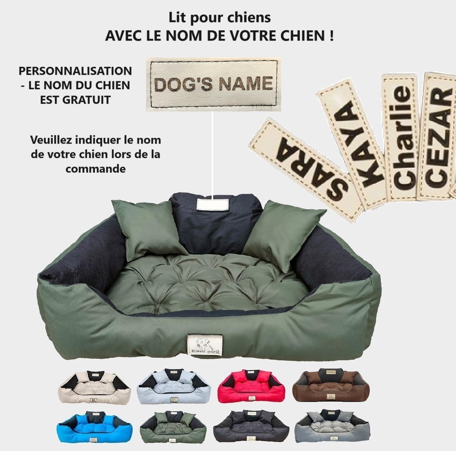 KING DOG Lit pour Grands Chiens XL 115 x 95 cm Personnalisable avec Nom Coussin Imperméable Déhoussable Lavable Canapé Confortable Moelleux Douillet Antidérapant Fabriqué en UE Couleur Vert