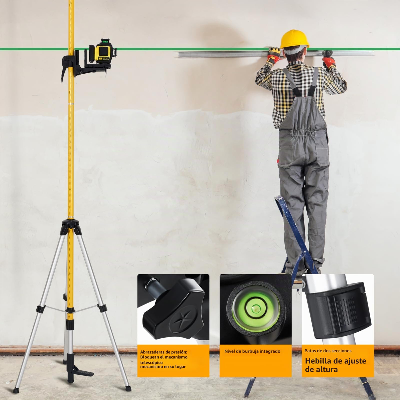 Firecore - Palo telescópico de 3,7 m con trípode y soporte láser de 1/4" x 20" para láseres giratorios y láseres de línea, soporte láser ajustable con adaptador roscado de 5/8" - FLP370C
