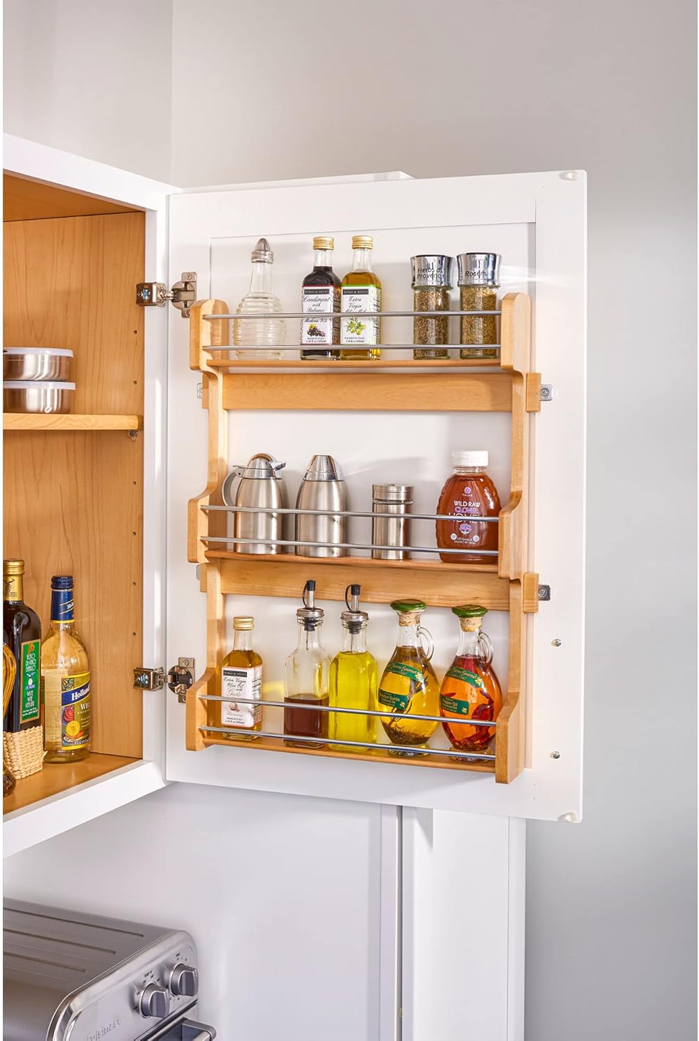 Rev-A-Shelf 18" 3 Tiered Pull Out Shelf Organizer for Kitchen Cabinets, Pantry Storage Spice Seasoning Rack, Door/Wall Mounted, Maple Wood, 4SR-18