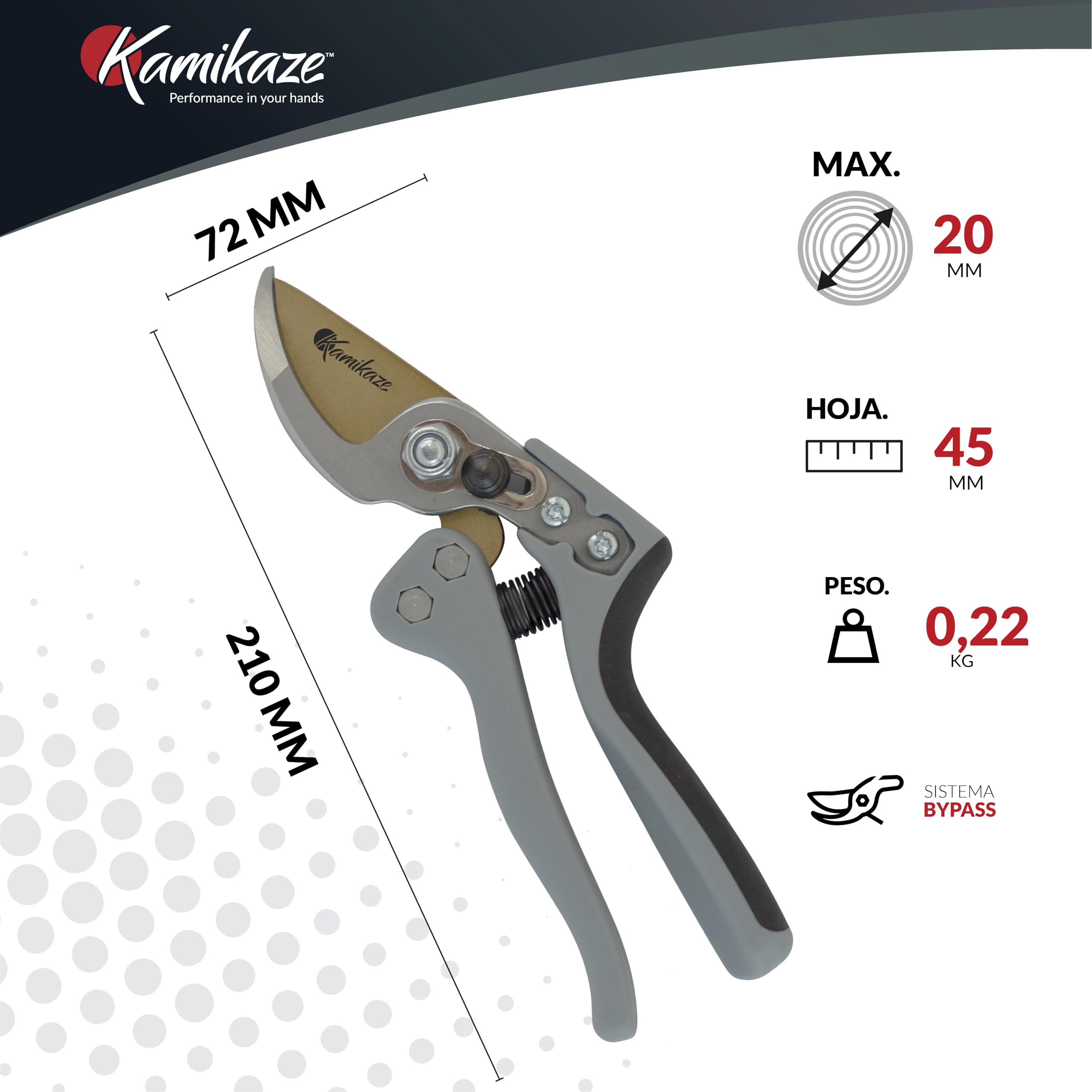 Kamikaze Tijeras Podar Profesional KM1-M Force.20mm Ø. Hoja Teflonada y Acero Templado SK-5.Tijeras Jardinería. Mango ergonómico efecto palanca.Sistema Bypass.Corte Preciso para Jardinería