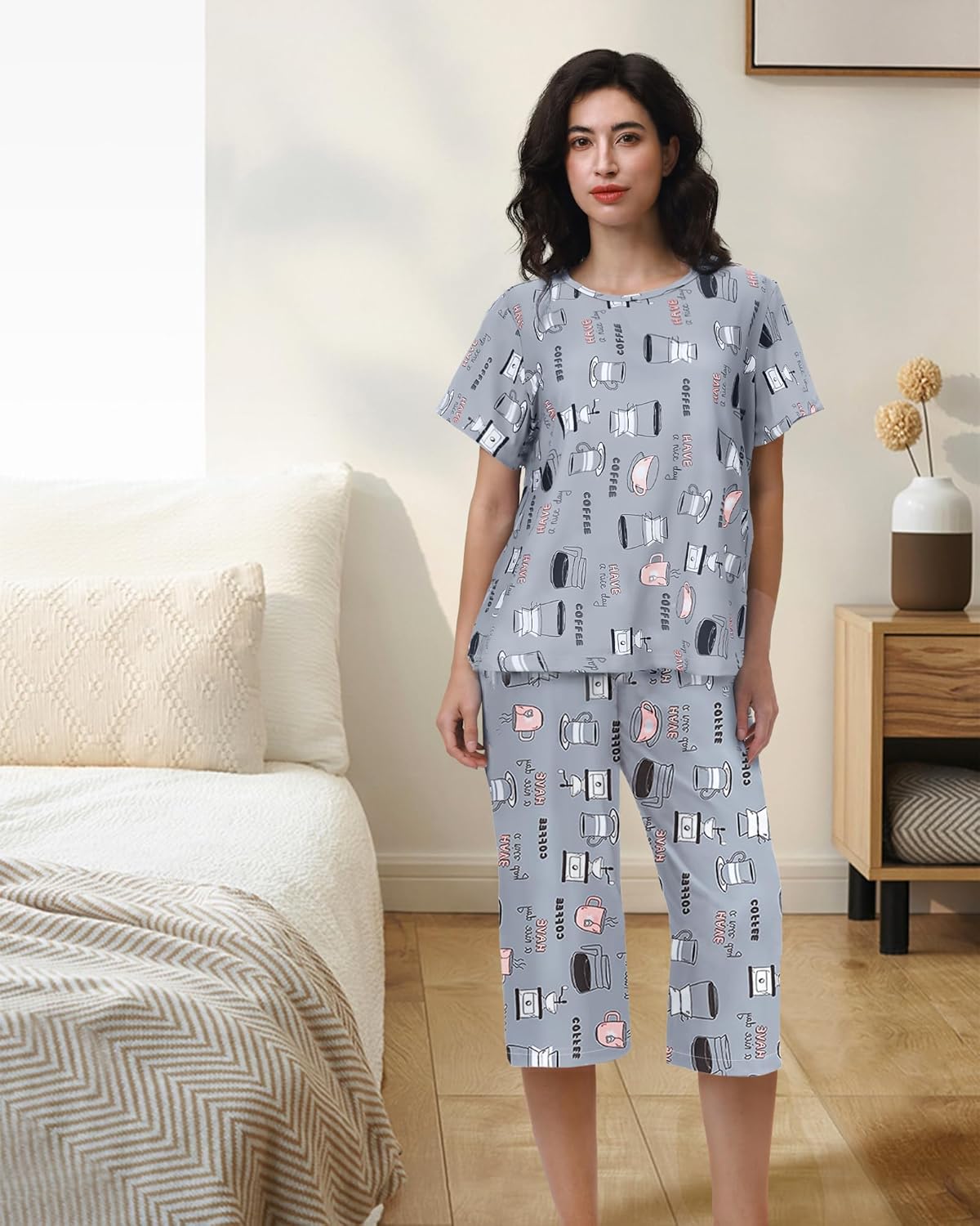 XPUDAC 4-Pack Womens Pajama Sets Short Sleeve Tops with Capri Pants Soft Sleepwear Pjs Set - Image 5