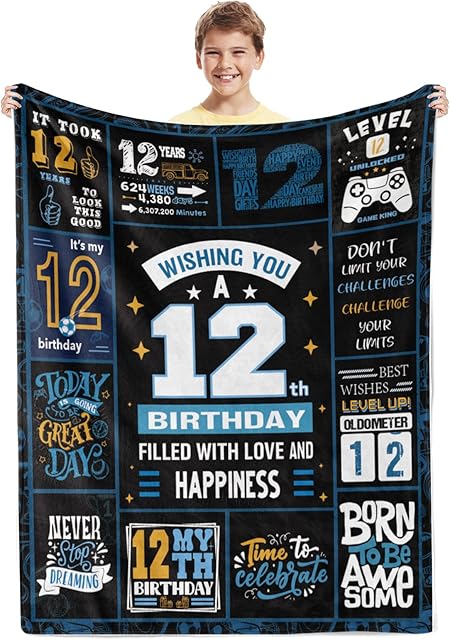 12th Birthday Gifts for Boys,Black 12th Birthday Decorations for Boys Blanket,12th Birthday Gift Ideas for 12 Year Old Boys,12th Birthday Decorations Throw Blanket for Teen Son Grandson Nephew 50"x60"