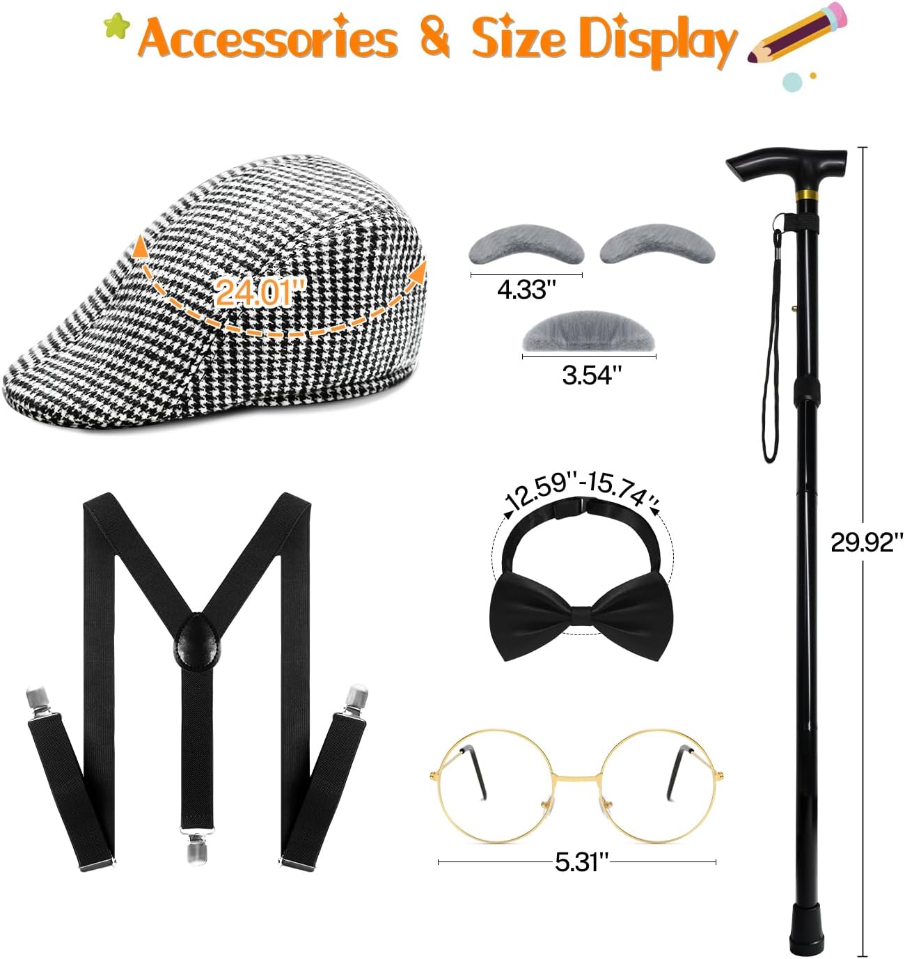 Old Man Costume for Kids–100 Days of School Costume with Hat,Glasses,Suspenders & Cane - Image 3