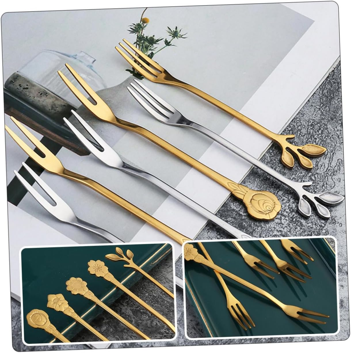 10pcs Stainless Steel Two Teeth Fruit Forks Decorative Appetizer Forks Household for Parties and Desserts