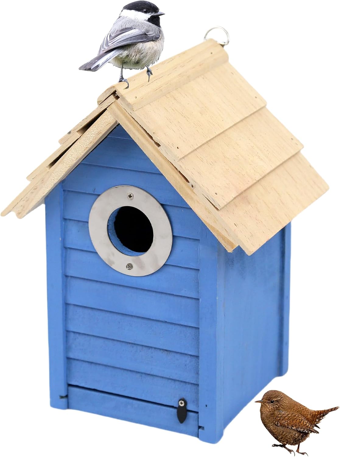 Premium Pine Wood Bird House for Outside – Weather-Resistant Bluebird & Chickadee Nesting Box with Metal Guard Blue Small