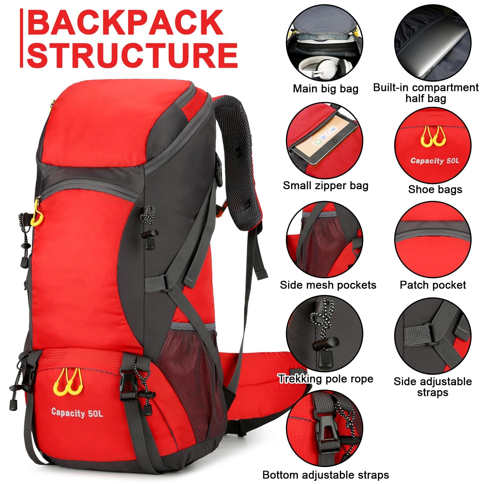 jianyana Sac à Dos de Randonnée 50L Homme Femme, Sac à Dos Trekking Voyages avec Housse de Pluie, Imperméable Sac à Dos pour Camping Alpinisme Voyages Plein Air Sports