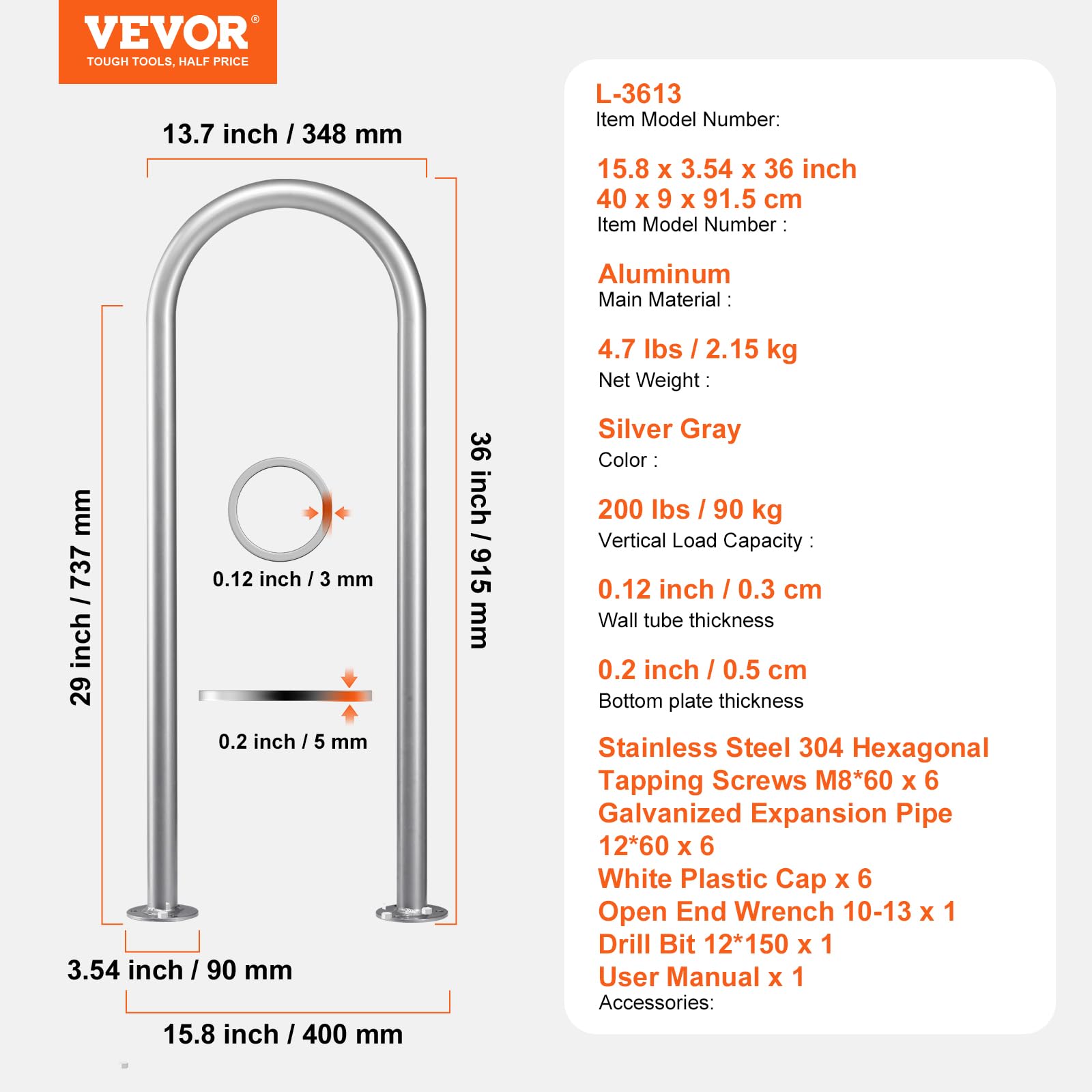 VEVOR Pool-Handlauf, 400 x 90 x 915 mm, Pooleinstieg Aluminium mit Grundplatte für Innen-/Außenpools, benutzerfreundliche Einstieghilfe für Schwimmbäder, Haltegriff mit Zubehör für Spas und Docks