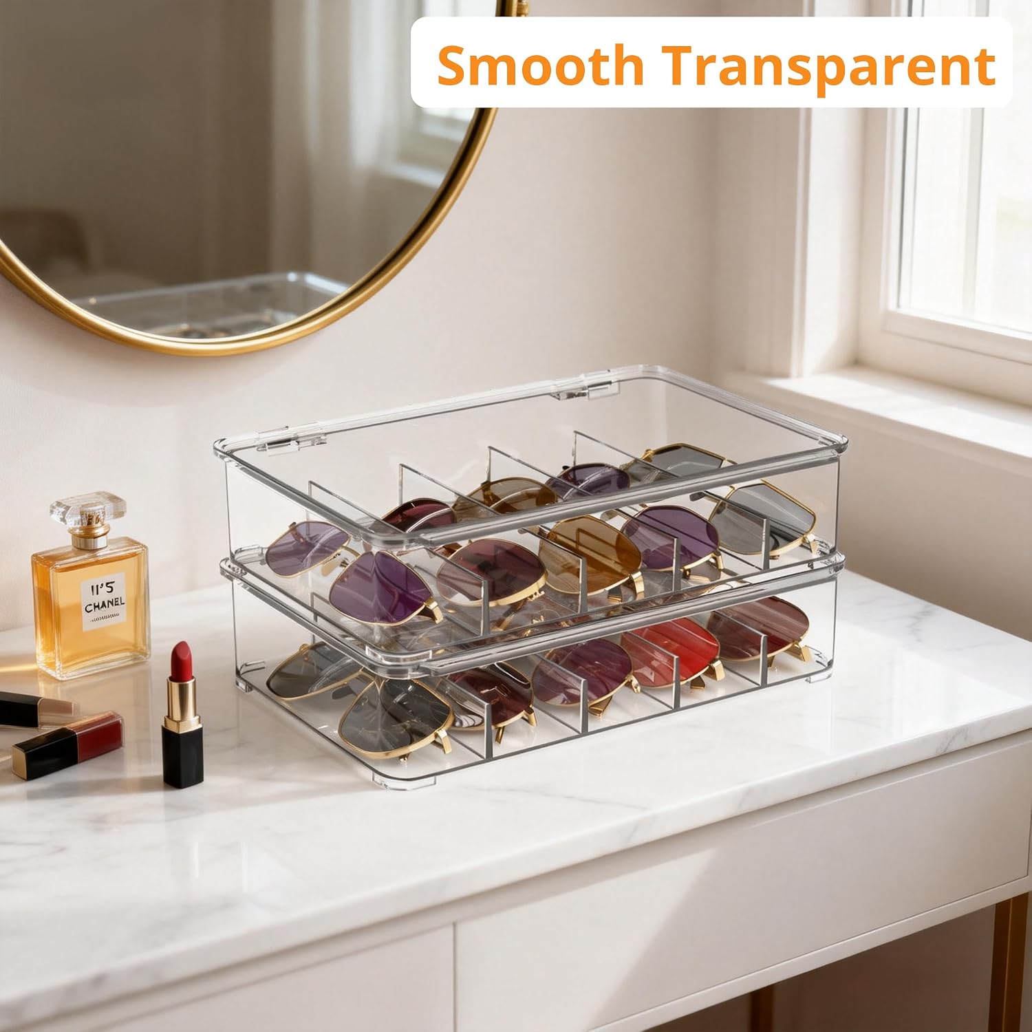Sunglasses Organizer, Acrylic Clear Plastic Stackable Sunglasses Case with 5 Compartments,Glasses Organizer