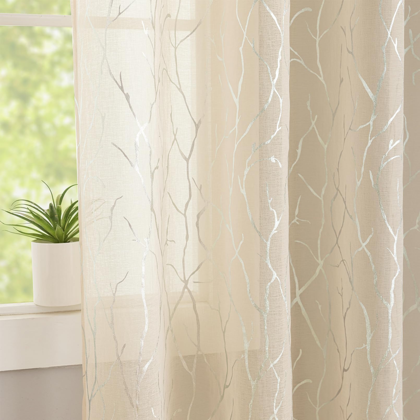 Kotile Shimmer Taupe Sheer Curtains 84 Inches Long 2 Panels Silver Tree Branch Sheer Window Curtains for Living Room, Grommet Privacy Light Filtering Metallic Patterned Window Drapes, 52 x 84 Inch
