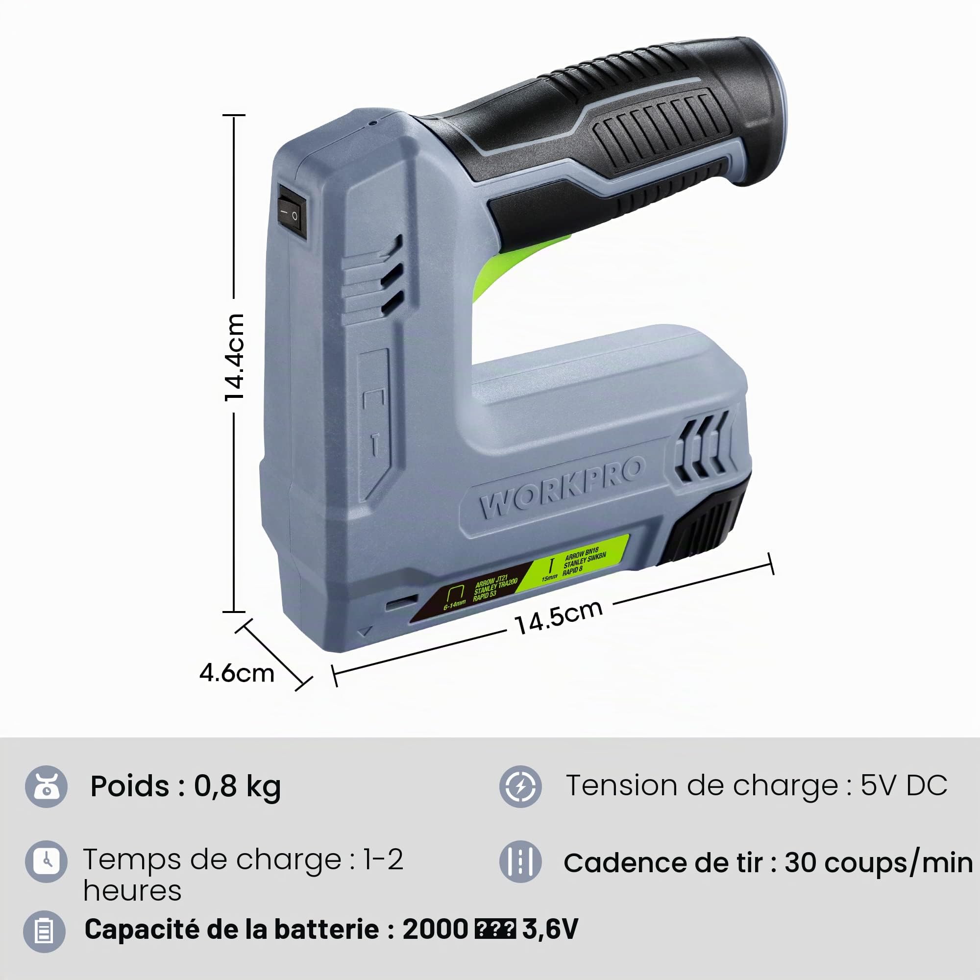 WORKPRO Agrafeuse sans Fil 3,6V 2000 mAh avec 2000 Agrafes, Agrafeuse Multifonction 2 en 1 Compatible avec Clous et Agrafes Type 53, 8 pour les Projets de Bricolage en Ameublement, Menuiserie(Gris)