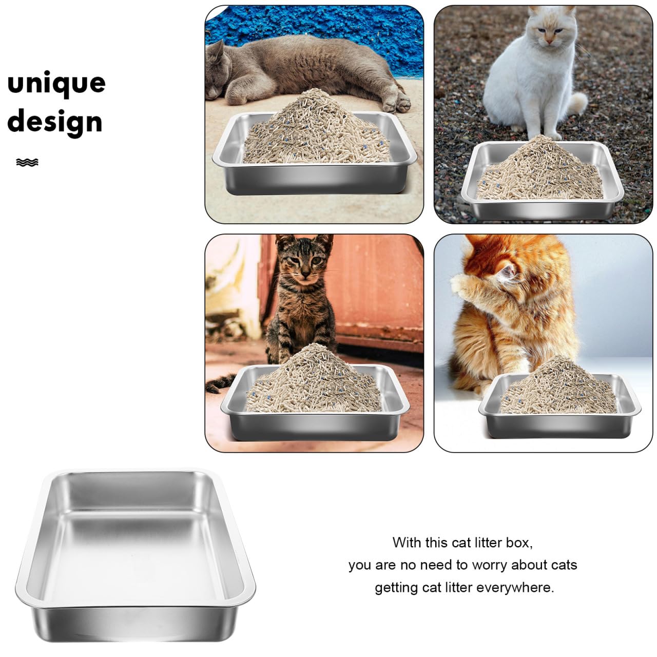 WOONEKY Stainless Steel Cat Litter Box Open Style Kitten Litter Container 14.17In Spacious Metal Tray Easy Clean Non-Stick Storage - Image 2