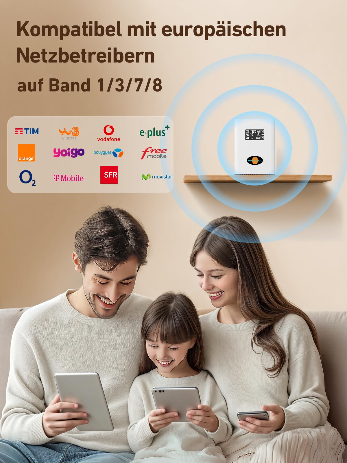 Mobilfunk Signalverstärker für Band 1, 3, 7, 8, Empfangsverstärker Handy für Haus und Büro, 5G 4G LTE 3G GSM Repeater, Handynetz Verstärker für Alle Netzbetreiber O2 E-Plus T-Mobile