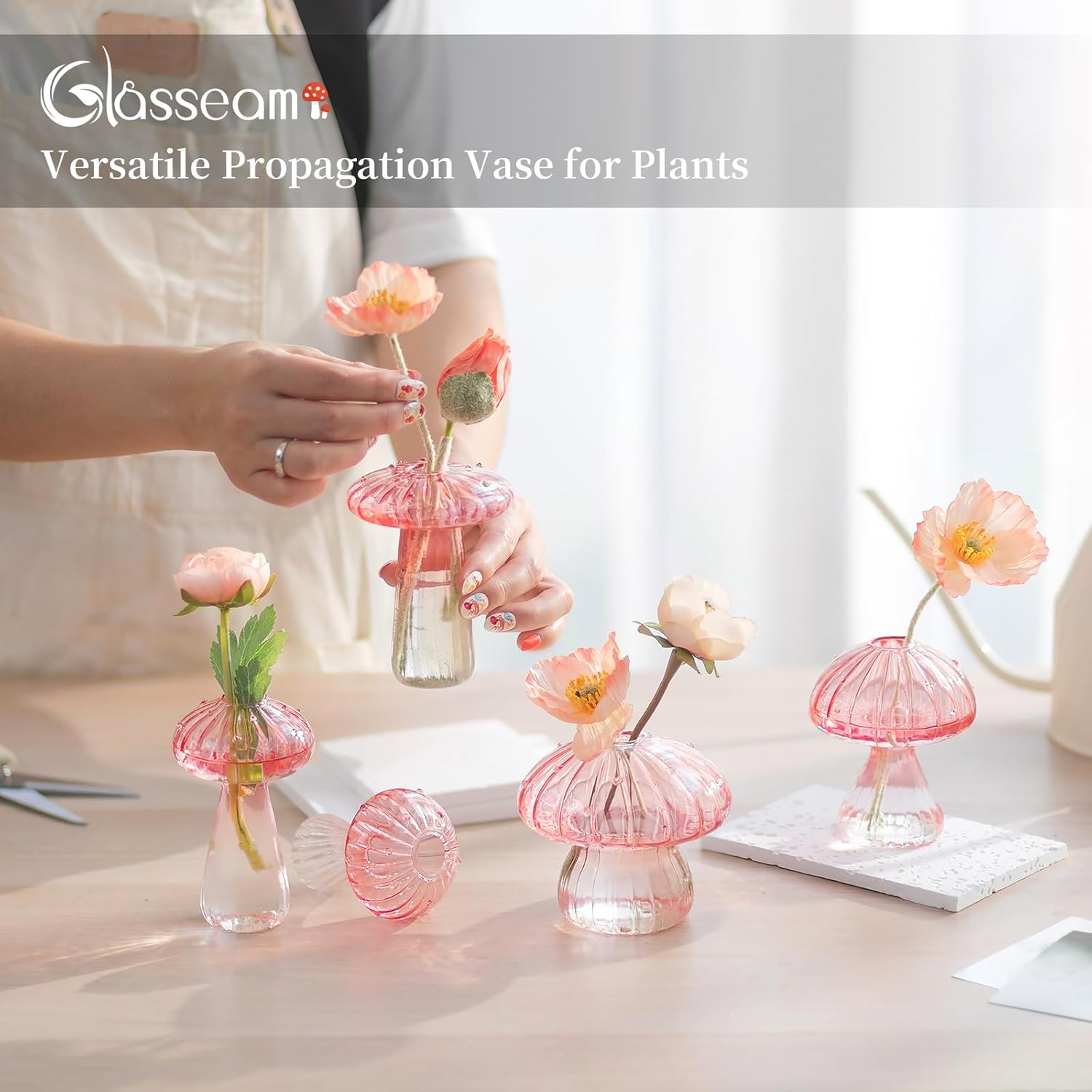 Glasseam Mushroom Plant Propagation Stations: Pink Glass Terrarium Jar Set of 5 Cute Planters for Indoor Plants Decorative Propagate Vase Unique Gifts for Women Home Office Decor