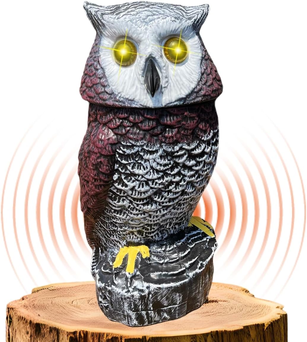 Solar Powered Garden Owl with Motion Detection, Rotating Head, Realistic Hoots and Silent Mode, Outdoor Statue and Sculpture, Owl Decoration for Home, Garden, Patio and Lawn