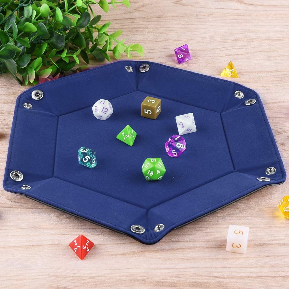 SIQUK Double Sided Dice Tray, Folding Hexagon PU Leather and Velvet Dice Holder for Dungeons and Dragons RPG Dice Gaming D&D and Other Table Games, Blue