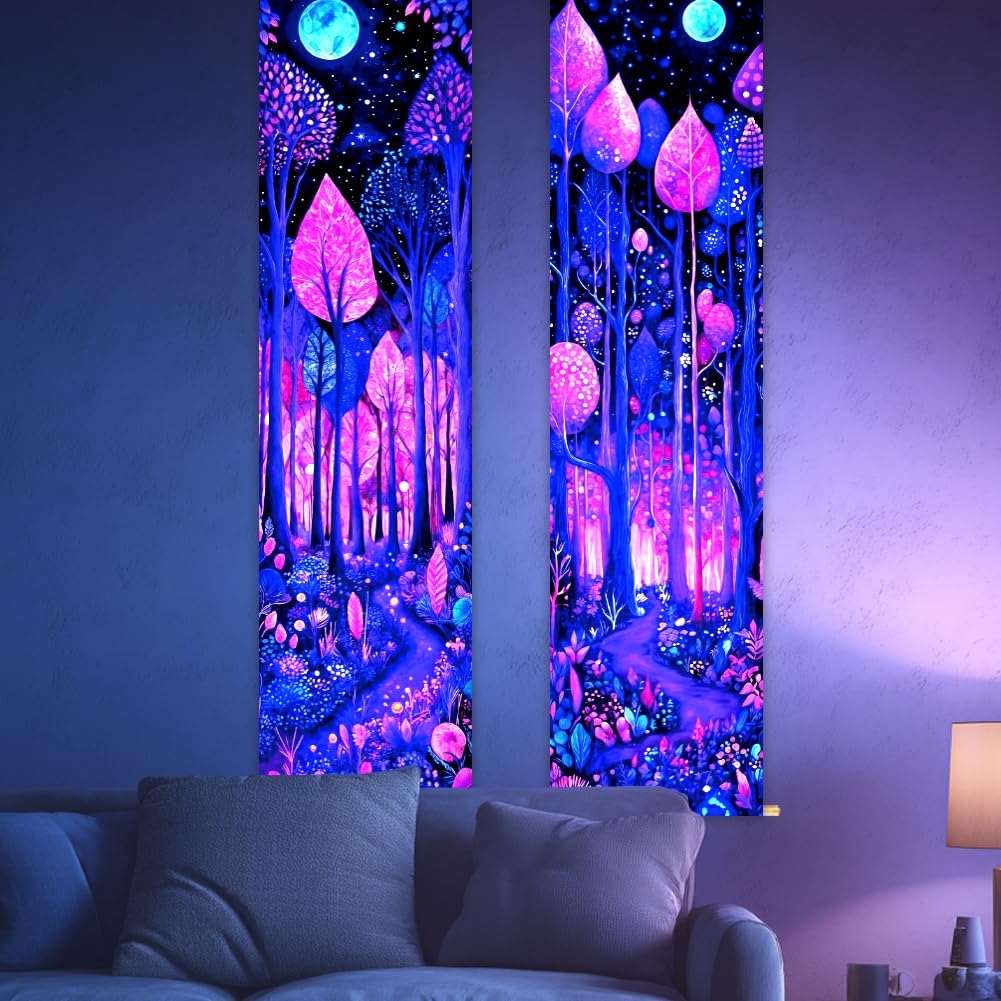 CRAFTYMELODY 2 Pack Blacklight Forest Tapestry Glow in the Dark Tapestry UV Reactive Moonlit Forest Wall Hanging 12.9×15.1 Inch with Ropes Wooden Rods for Bedroom Dormitory Home Wall Decoration — image 1