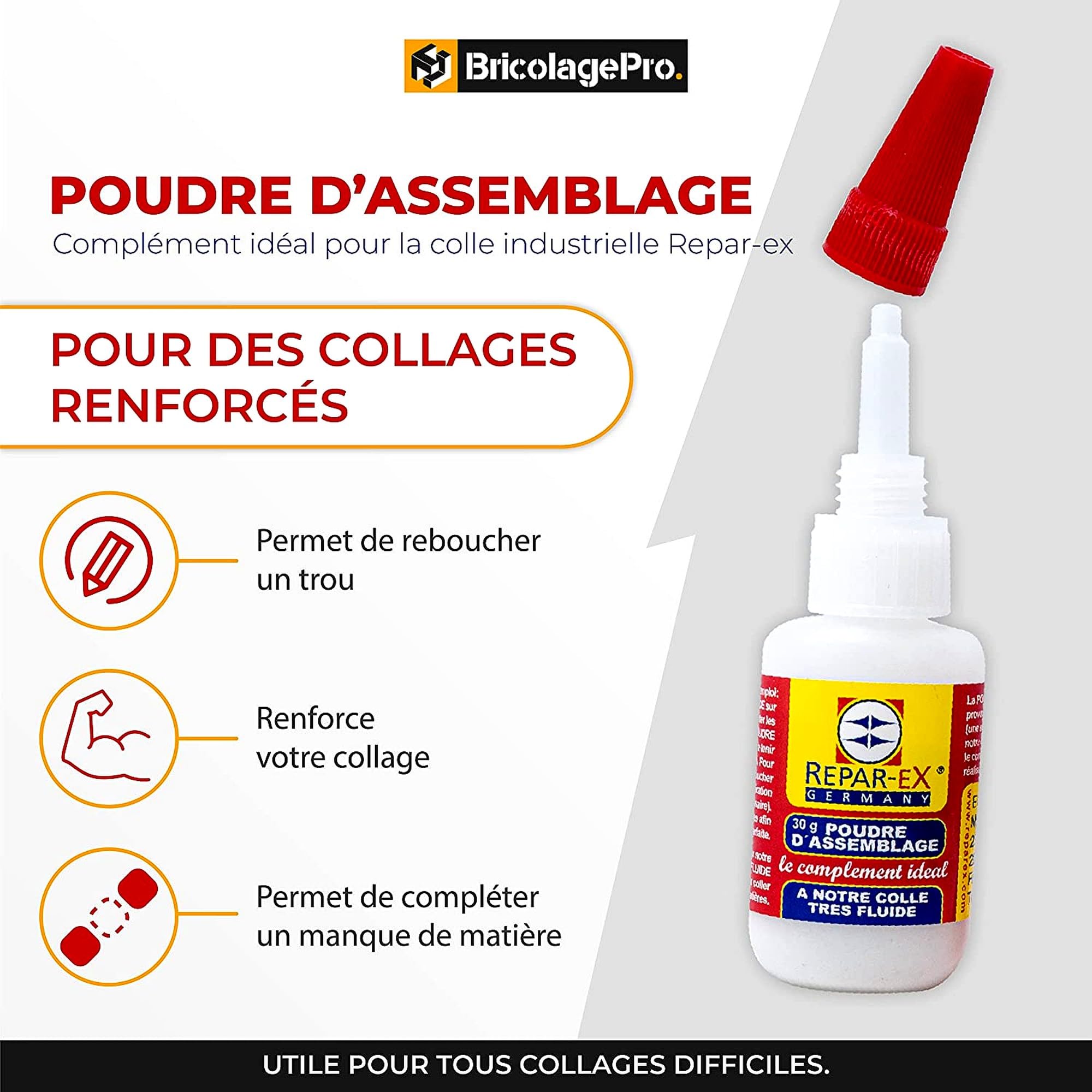 BRICOLAGEPRO - Lot de Colle Professionnelle Repar-ex 20g et de Poudre d'Assemblage 30g - Tous Supports