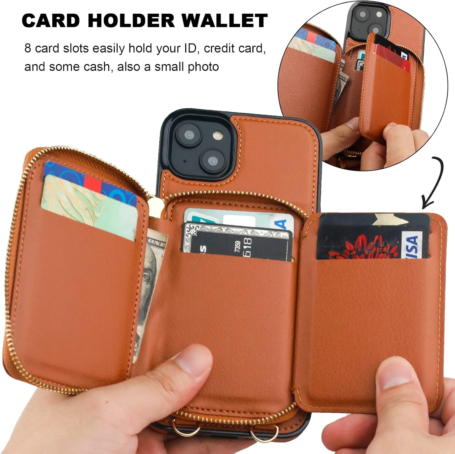 Bocasal RFID Blocking Wallet Case for iPhone 14 Plus, Adjustable Crossbody Zipper Purse Case Card Holder with Kickstand Detachable Wrist Strap, PU Leather Flip Folio Case 6.7 Inch 5G (Brown)