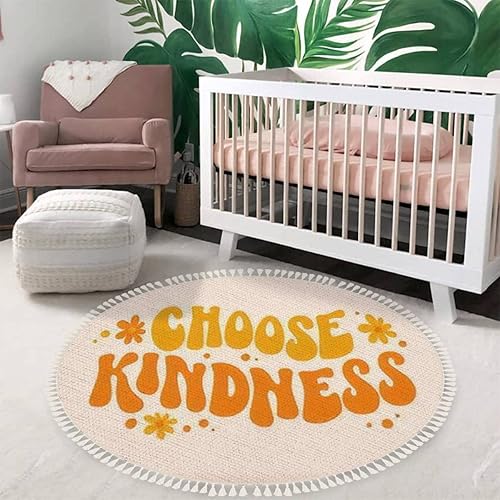Alfombra redonda de estilo bohemio con borlas, alfombra de meditación lavable para pasillo, dormitorio, baño, sala de juegos, guardería, 3 pies