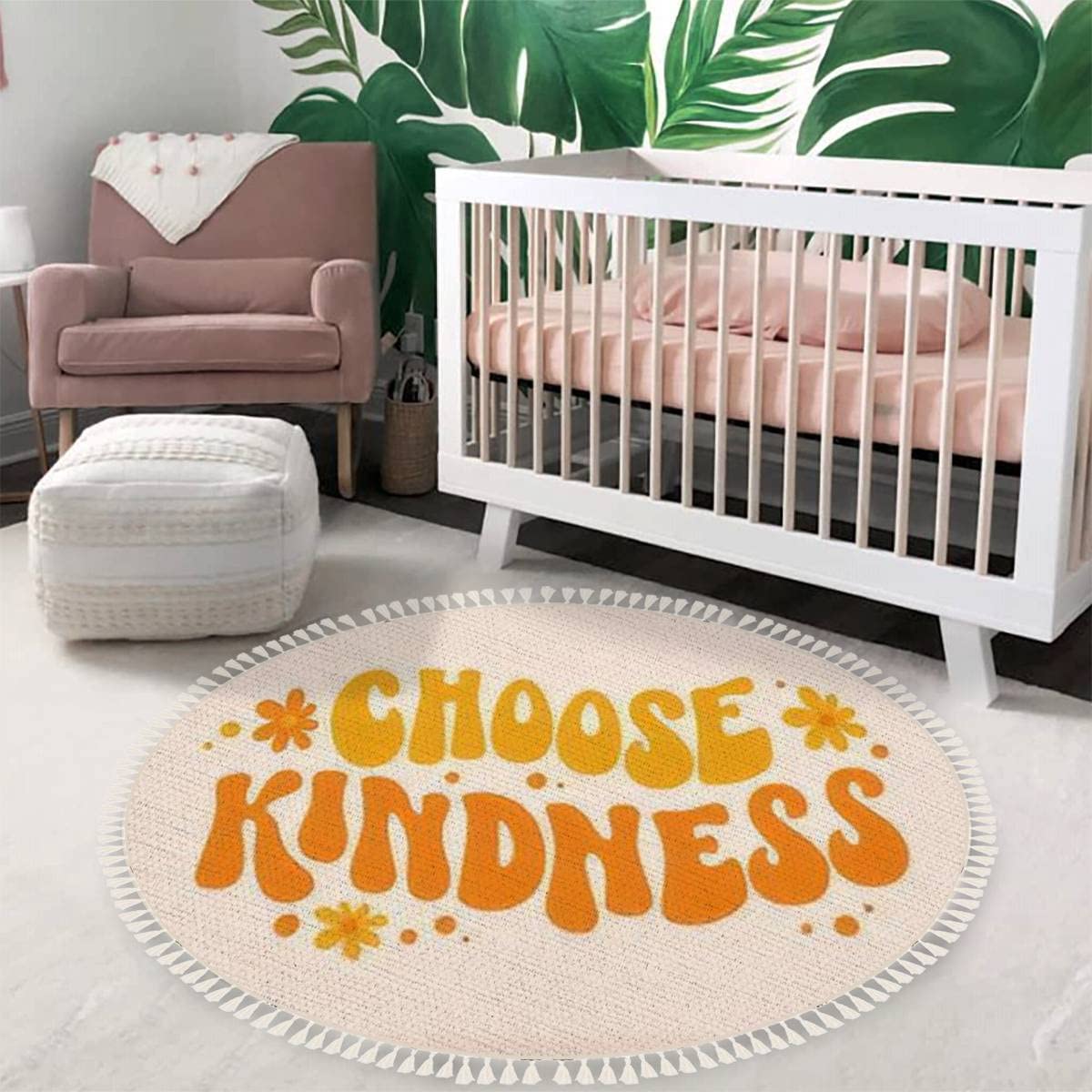 Round Boho Area Rug Choose Kindness Groovy Modern Style Funny Modern Carpet with Tassels Meditation Rug Washable Hallway Floor Mat Runner Rugs for