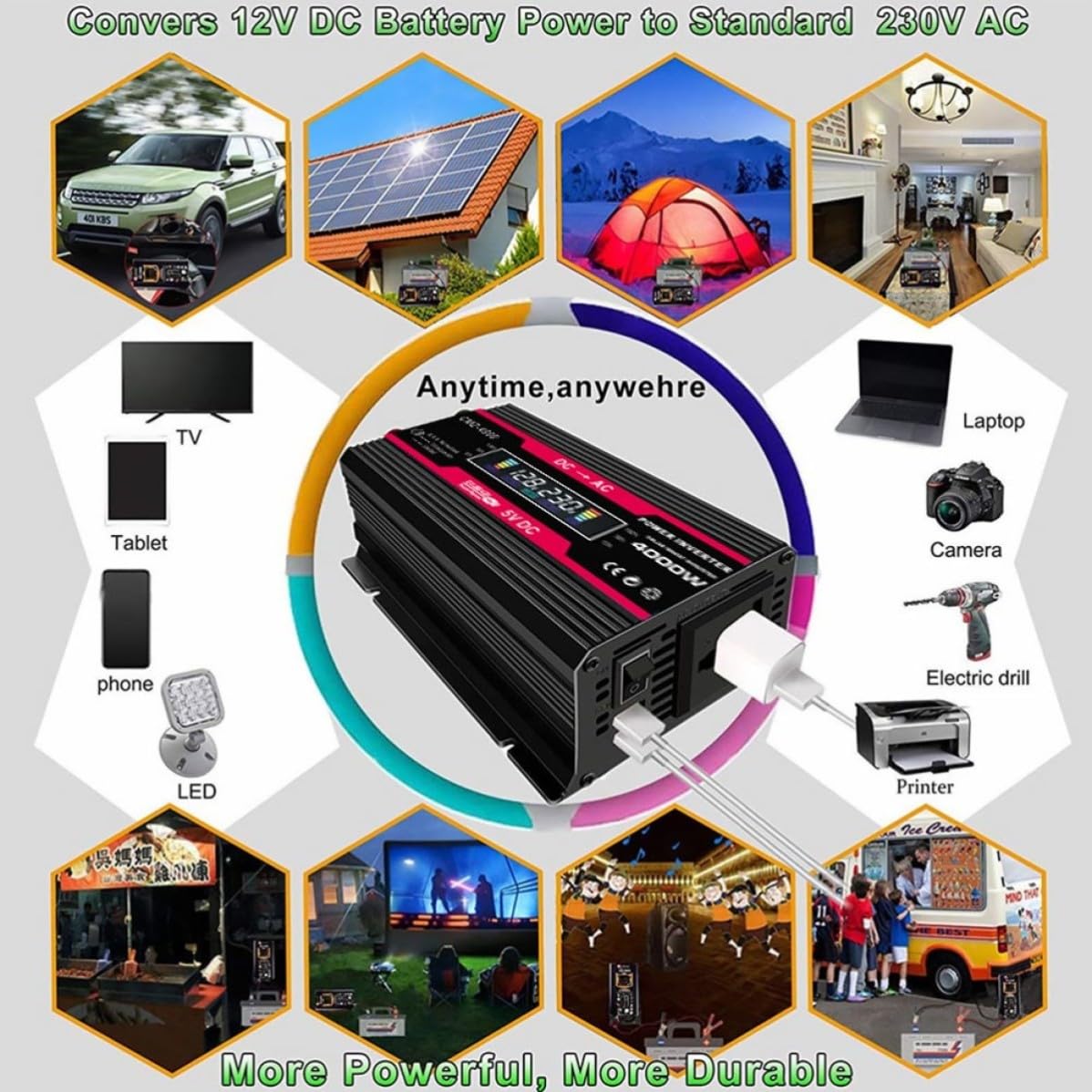Inversor Digital Pantalla 4000w de Coche 12v con 220v LCD