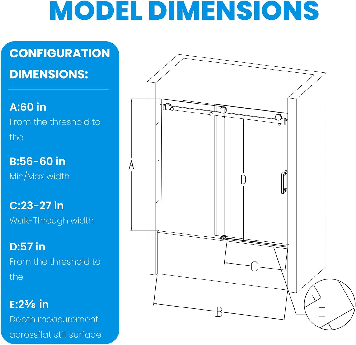 Frameless Single Sliding Shower Door, 56-60 in. W, Bypass Bathtub Shower Door, 5/16 inch Thick Tempered Glass, Matte Black