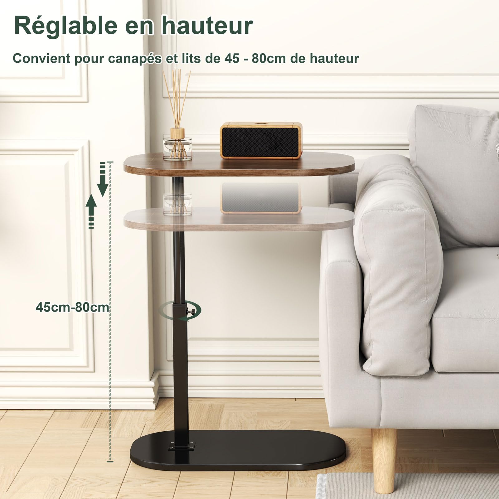 Table d'appoint en Forme de c Hauteur réglable, 360 ° pivotante canapé Table d'appoint pour canapé/LIT/Baignoire, Petite café Moderne C Tables pour Salon/Chambre/Balcon, Hauteur 45-80cm (D)