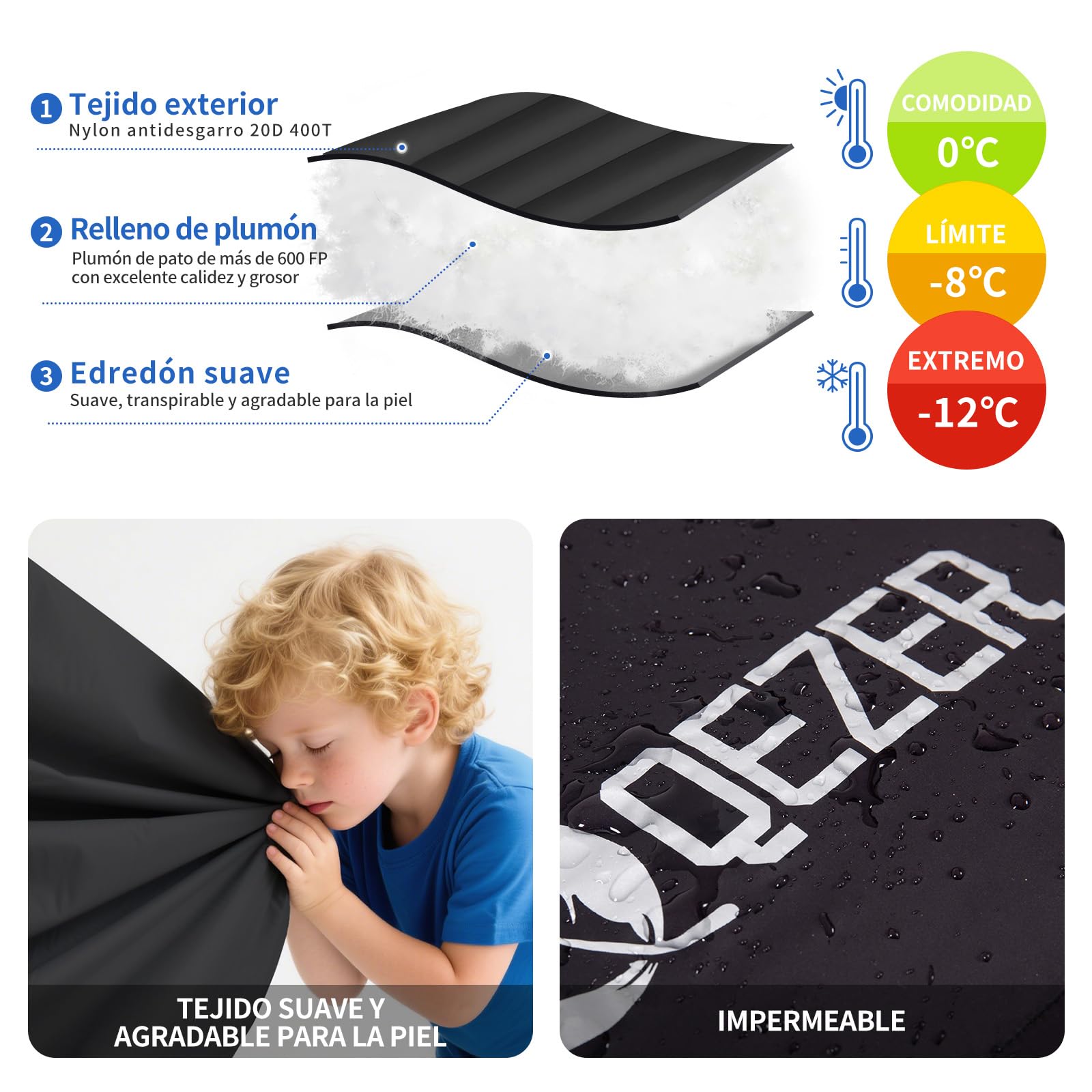 [Plumón] Saco de Dormir 0 Grados [-28℃~8℃] Saco de Dormir de Invierno 1kg/1.5kg Relleno de plumón - Adultos y niños-Sleeping Bag para Camping, Senderismo y Acampada