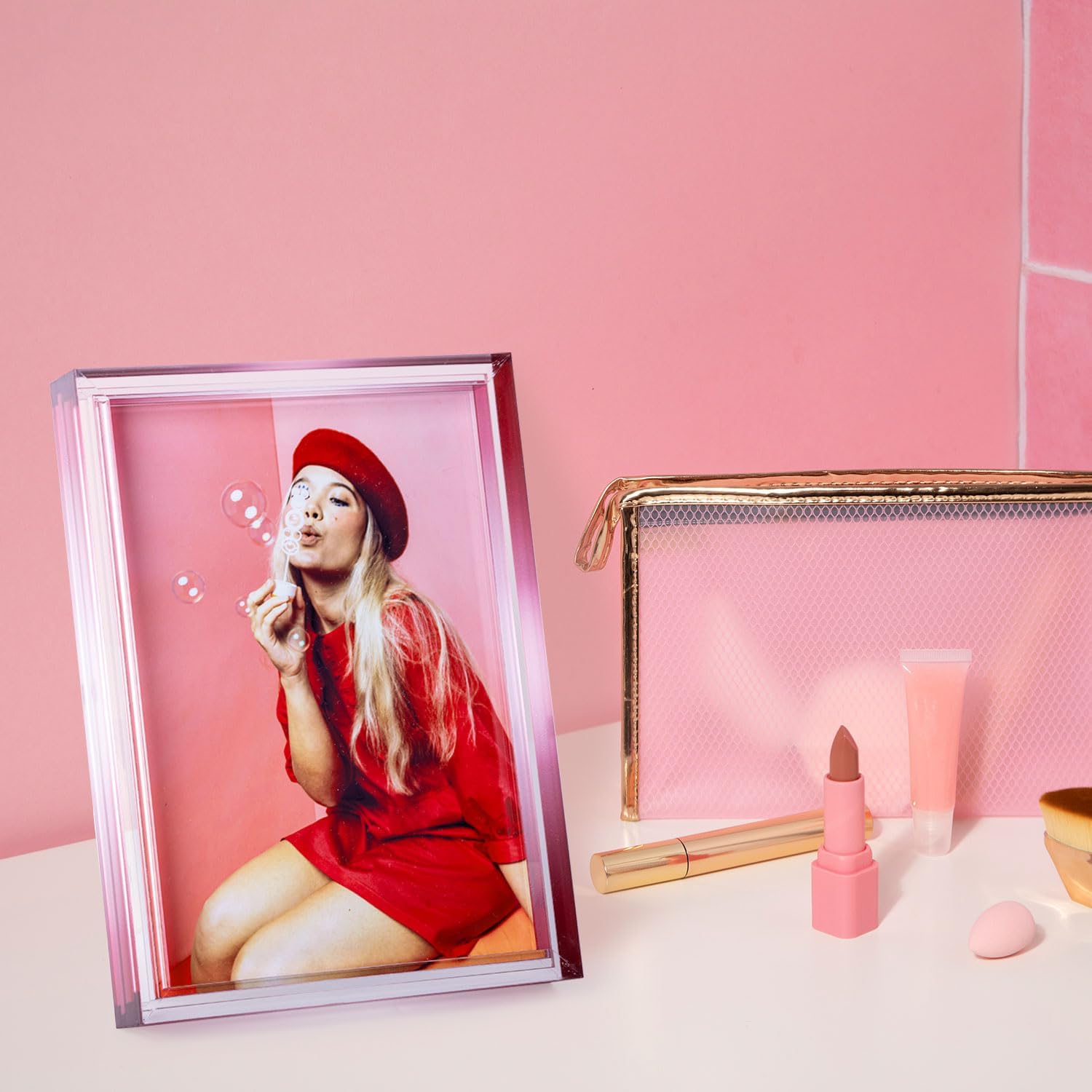 Gradient 8x10 Acrylic Picture Frame - Fits 5x7 with Mat or 8x10 without Mat, with Tabletop Stand & Wall Mount for Home Office Decor, Rose Red, 1Pack